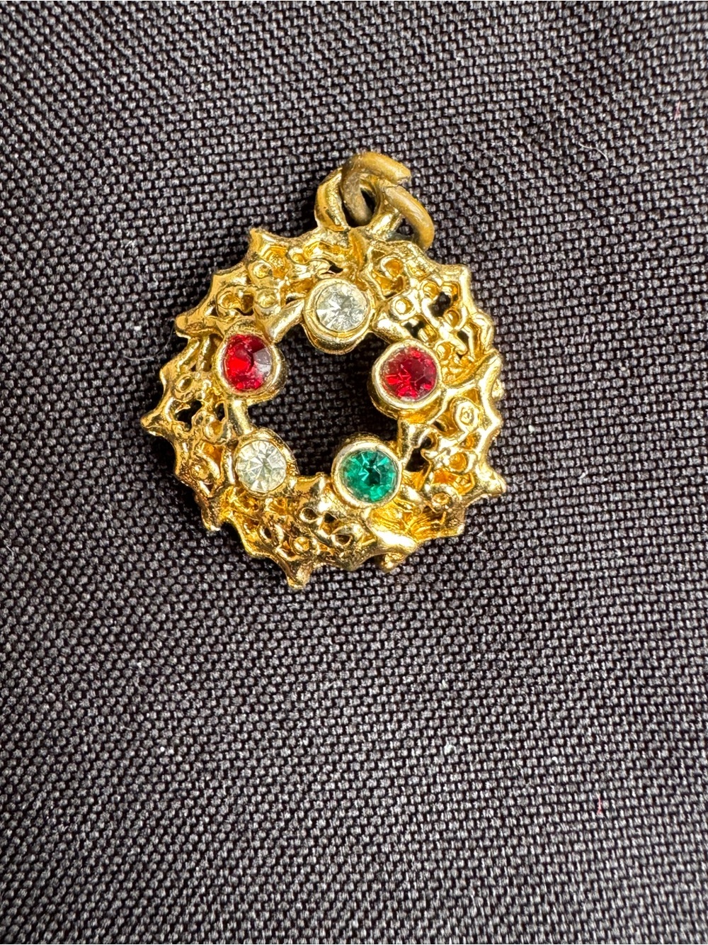 Gold Tone Holiday Wreath Pendant with Red, Green and Clear Stones